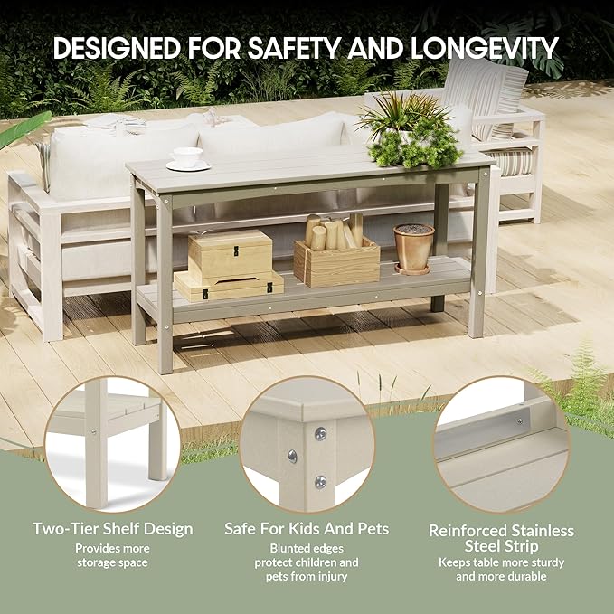 WestinTrends Malibu 55" Outdoor Patio HDPE Adirondack 2-Tier Shelf Console Table, Sand - Photo 7