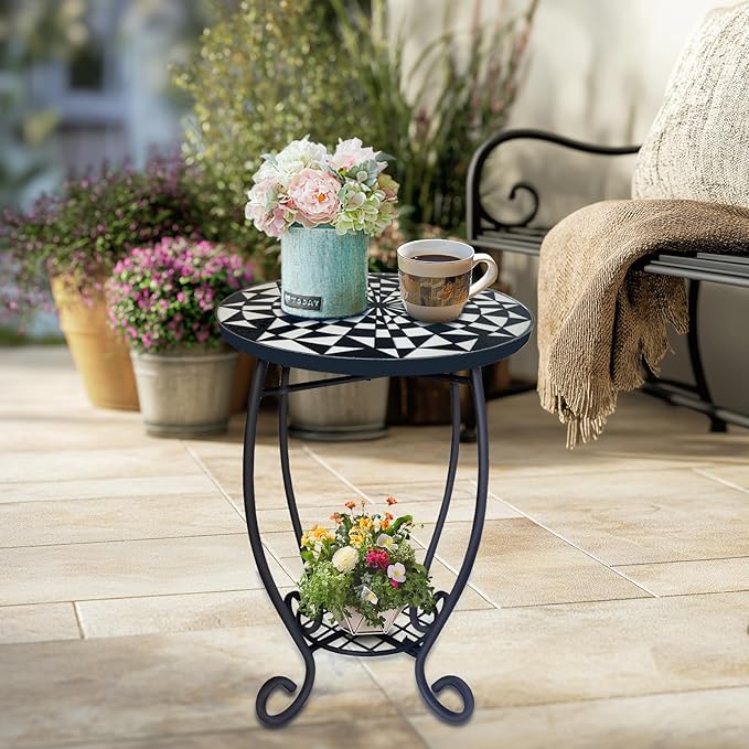 LIFFY Outdoor Side Table, 12" Round Ceramic Tabletop Accent Table with Metal Frame - Photo 7