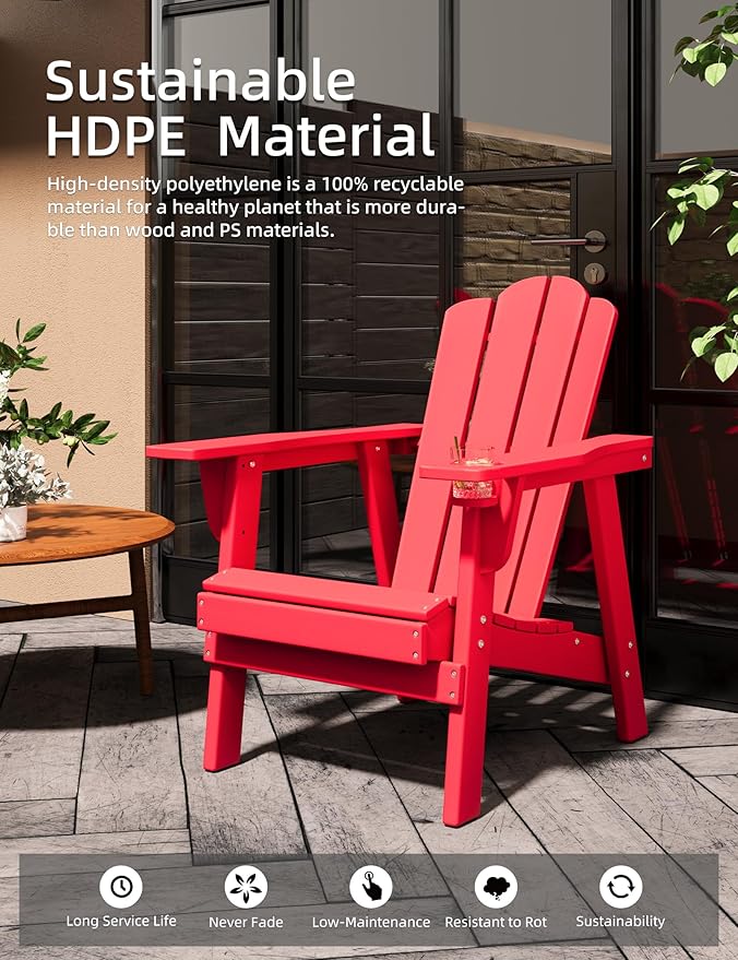 Adirondack Chair - Durable HDPE Poly Lumber All-Weather Resistant, Oversized Balcony Porch Patio Outdoor Chair for Lawn, Backyard, Deck, Garden, Camping - Easy Installation, Red