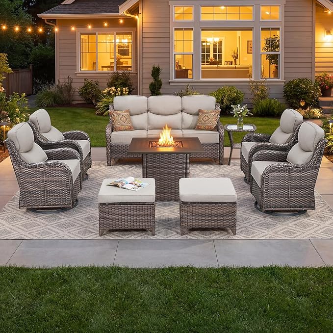 Luxury Patio Furniture Set with 6-inch Thick Cushion, Outdoor Furniture with Fire Pit Table, Swivel Chairs, Sofa - Photo 1
