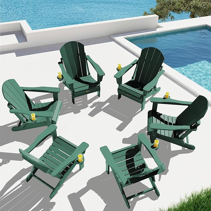 SERWALL Foldable Adirondack Chair Set of 2 for Patio Garden All Weather Adirondack Chairs with Cup Holder Outdoors Fire - Photo 2