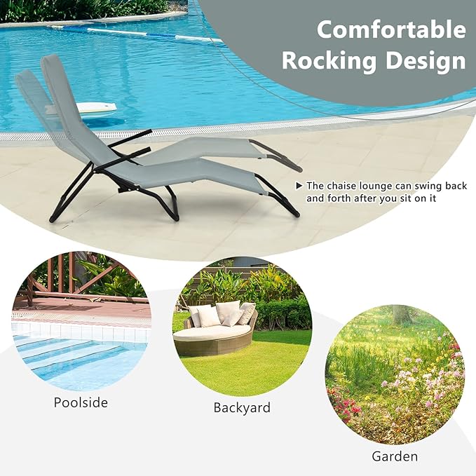 Giantex Patio Chaise Lounge Chair Set of 2, Outdoor Sunbathing Chairs Folding & Stacking Lawn Chair W/Rocking Design, Lightweight and Portable Tanning Lounger for Deck, Yard, Pool Chairs (2, Green)
