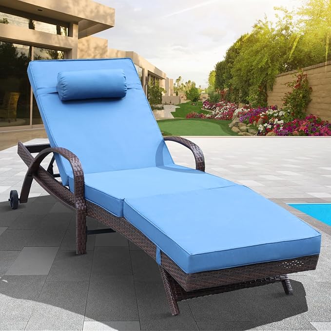 NOBLEMOOD Outdoor Lounge Chairs Set of 4 Beach Wicker Chaise Lounge with Wheels, Cushion, Adjustable Backrest for Outside Pool Sun Shelf Tanning Bathing (Blue)