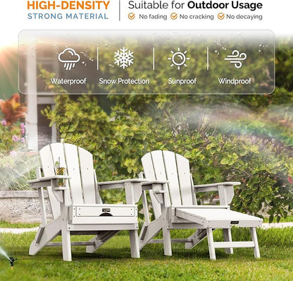 VINGLI Folding Adirondack Chair Set of 2 with Ottoman, Waterproof Plastic HDPE Firepit Chair for Outside with Hidden Footrests, Foldable Ergonomics Seating for Patio Porch Yard Garden(White)