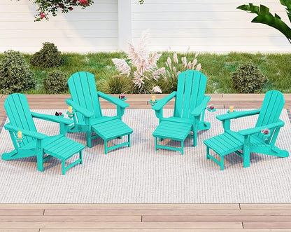 KINGYES Folding Adjustable Adirondack Chair with Retractable Ottoman Set of 4, HDPE Adirondack Recliner Chair with Footrest, Aruba