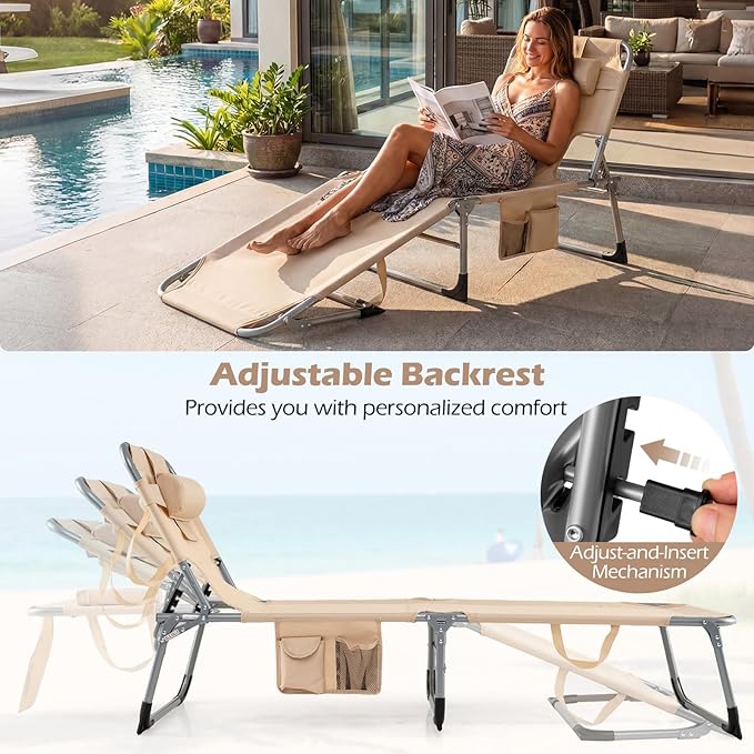GYMAX Tanning Chair with Face Hole, Sun Bathing Lounge Chairs for Outside with Side Pocket, Folding Portable Face Down Layout Tanning Chair Beach, Backyard, Poolside, Lawn (Sand,1)