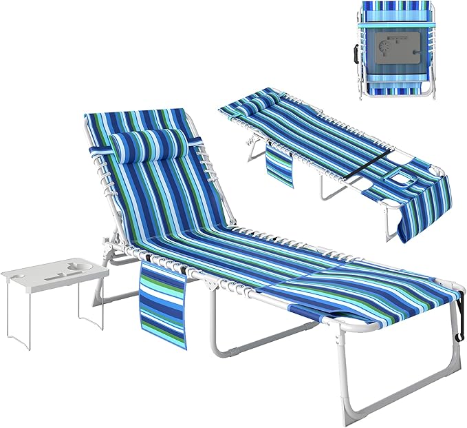 Outsunny Tanning Chair with Face Hole, Side Table, 5-Position Reclining Folding Chaise Lounge Chair Outdoor Lounger Recliner, Carry Straps for Beach Pool Camp, Oxford Fabric, Blue Stripe