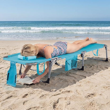 COSTWAY Tanning Chair with Face Hole, Folding Beach Lounge Chair with 4-Position Adjustable Backrest, Pillow & Side Pocket, Foldable Chaise Lounge Chair Outdoor for Sunbathing, Camping (1, Turquoise)
