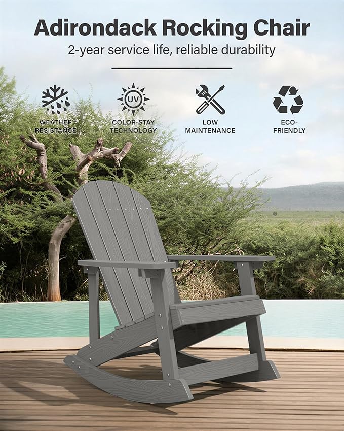 YEFU Outdoor Rocking Chair,Adirondack Rocking Chair,Patio Rocker Chair with Wide Back,Oversized Rocker Chair Look Like Real Wood, for Lawn, Porch, Backyard, Indoor and Garden(Grey)
