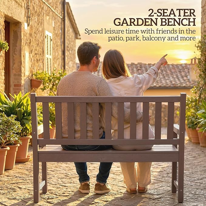 Outsunny Outdoor Bench, 49" All-Weather HDPE Garden Bench, 2-Person Patio Loveseat with 528 lbs Capacity, Curved Seat for Backyard, Park, Porch, Lawn, Park, Brown