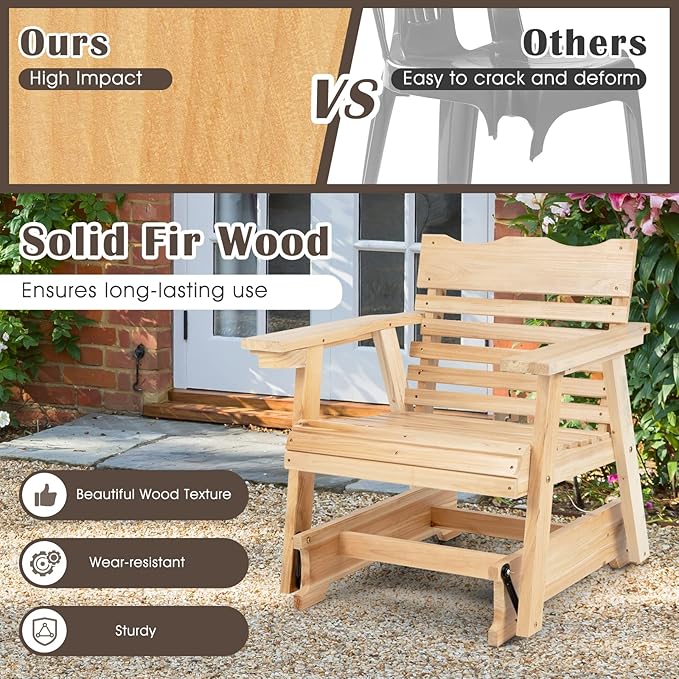 Giantex Outdoor Glider Rocking Chair - Wood Porch Rocker with High Back, Widened Armrests, Curved Seat, Rotatable Cup Holder, Patio Slat Rocking Chair for Backyard, Balcony, Poolside, Natural