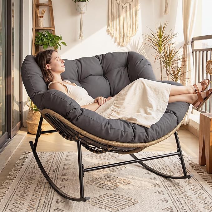 RADIATA Outdoor Papasan Rocking Chair with Cushion, Oversized Patio Lounge Rocker, All Weather PE Wicker Comfy Egg Rocking Chairs, 450 lbs Heavy Duty Recliner Glider for Balcony, Porch, Garden, Grey