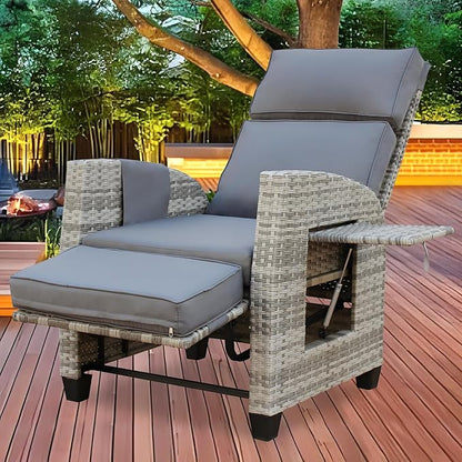 Wicker Outdoor Recliner | Outdoor Recliner Chair | Patio Reclining Chair with 4" Thick Cushion, Adjustable Backrest & Footrest, Flip-up Table & Side Pocket For Patio, Outdoor & Indoor (Gray&Gray)