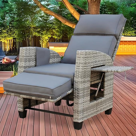 Wicker Outdoor Recliner | Outdoor Recliner Chair | Patio Reclining Chair with 4" Thick Cushion, Adjustable Backrest & Footrest, Flip-up Table & Side Pocket For Patio, Outdoor & Indoor (Gray&Gray)