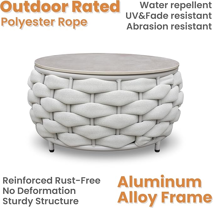 Round Patio Accent Table: φ25.6''/65cm Aluminum Coffee Tables - Hand Woven Rope Side Table Assembled - Metal Modern Outdoor Furniture for 176lbs Deck Porch Garden Poolside Balcony Hotel, Gray