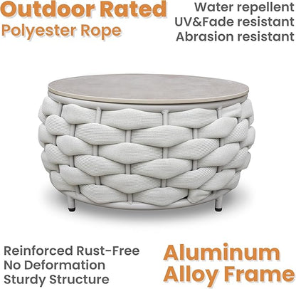Round Patio Accent Table: φ25.6''/65cm Aluminum Coffee Tables - Hand Woven Rope Side Table Assembled - Metal Modern Outdoor Furniture for 176lbs Deck Porch Garden Poolside Balcony Hotel, Gray
