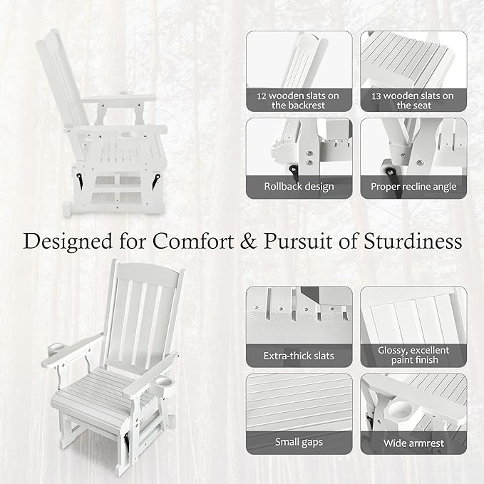 Fortune Candy Wooden Patio Glider for One Person, with High Back and Deep Contoured Seat, Solid Fir Wood - Photo 5