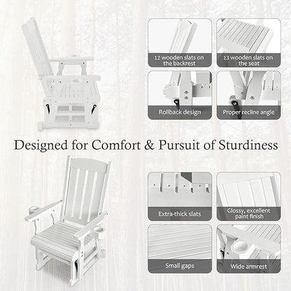 Fortune Candy Wooden Patio Glider for One Person, with High Back and Deep Contoured Seat, Solid Fir Wood, Heavy Duty 600 LBS, Snow White, 1-Seater