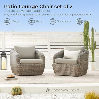 CHITA 2 Pieces Patio Wicker 360° Swivel Chairs with Removable Cushion, Backyard Rattan Chair for Sunrooms, Patios, Decks, Fully Assembled(Gray Cushions with Brownish Gray Wicker)