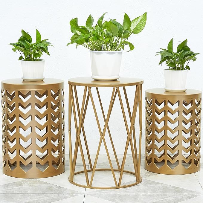 Nesting Side Table Set of 3 Decorative Round Garden Stools for Indoor Outdoor Heavy Duty Metal Frame Side Table - Photo 2
