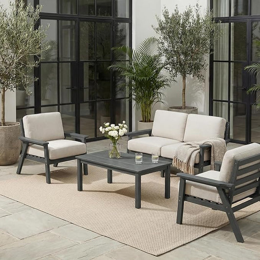 Patio Furniture Set, HDPE Outdoor Sofa Set with Beige Washable Cushions, Patio Conversation Sets for Lawn, Garden, Porch, Balcony & Deck, Durable Outdoor Sectional Furniture (Gray Frame)