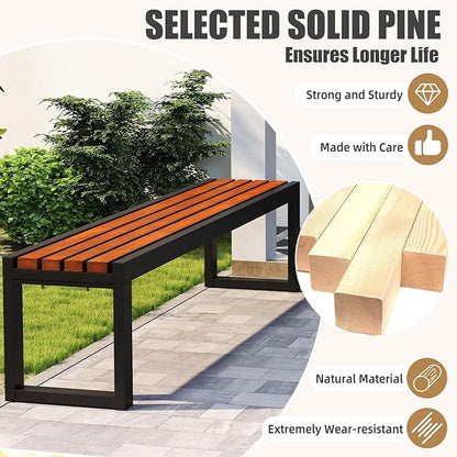 Outdoor Garden Bench with Wooden Seat & Iron Frame, All-Weather Outside Benches Heavy Duty Patio Bench for Lawn Porch Yard Park, 880lb Capacity 15.4×17.7in (WxH) Easy Assembly 70.86x15.4x17.7IN