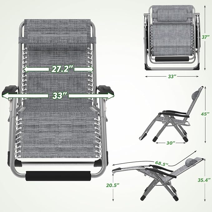ZENPETIO Oversized Zero Gravity Chair, 33In XXL Zero Gravity Recliner Lounge Chair - Photo 3