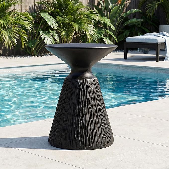 HOMPUS Outdoor Concrete Side Table, Morden End Table Mushroom Shaped, Patio Round Coffee Accent Table, Decor Garden Stool for Livingroom, Balcony, Pool, Color Black