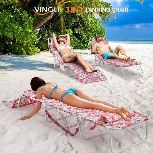VINGLI Tanning Chair, Beach Lounge Chair with Face Hole, Lounge Chair Outdoor, Height-Adjustable Tanning Lounger, Anti-Tip Design, Carrying Bag, 475lbs, Flower