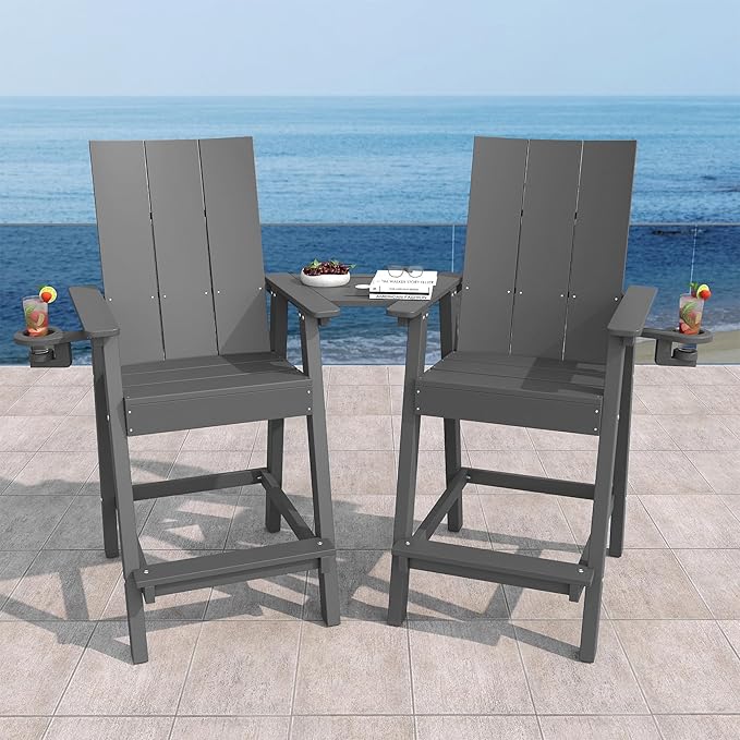 Tall Adirondack Chair Set of 2, HDPE Balcony Chairs with Connecting Tray, Two Cup Holders, All-Weather Adirondack Bar Stools for Patio, Balcony, Backyard, Poolside, Grey