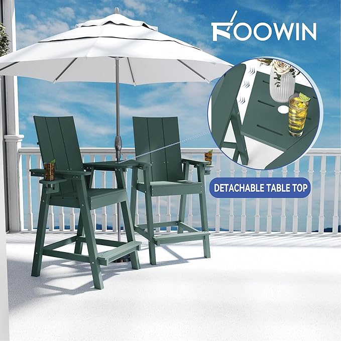 FOOWIN Tall Adirondack Chairs Set of 2,HDPE Adirondack Bar Stools with Connecting Tray & Cup Holders,Weather Resistant Balcony Chair for Outdoor Deck Lawn Pool Backyard Green
