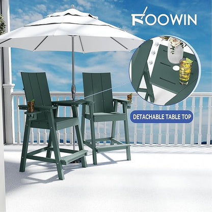 FOOWIN Tall Adirondack Chairs Set of 2,HDPE Adirondack Bar Stools with Connecting Tray & Cup Holders,Weather Resistant Balcony Chair for Outdoor Deck Lawn Pool Backyard Green