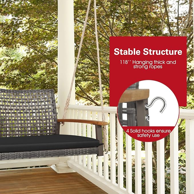 Tangkula 2-Person Outdoor Porch Swing with 118" Hanging Ropes, Patiojoy PE Wicker Patio Hanging Swing Bench with Soft Seat Cushion & 800 Lbs Weight Capacity, Suitable for Patio, Garden (Black)