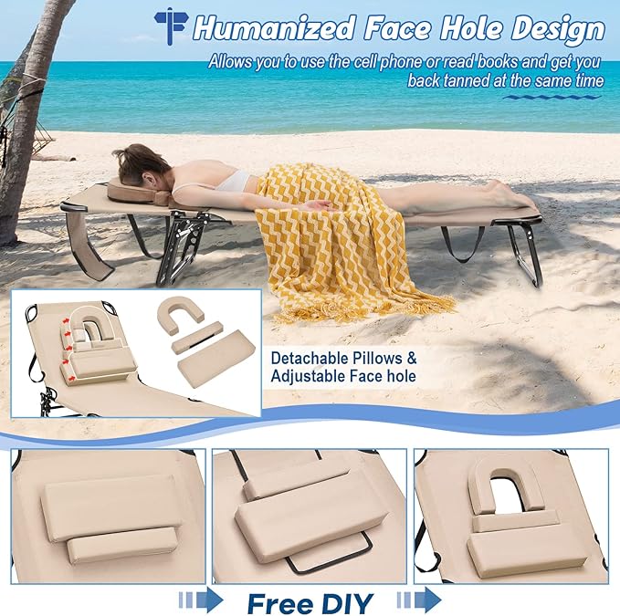 HAPPYGRILL Foldable Chaise Lounge Chair with Face Hole & Detachable Pillows - Photo 7