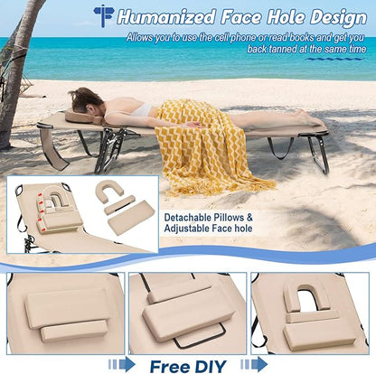 HAPPYGRILL Foldable Chaise Lounge Chair with Face Hole & Detachable Pillows, Portable Sunbathing Tanning Chair with 5 Adjustable Positions, Outdoor & Indoor Beach Recliner for Beach Camping Patio