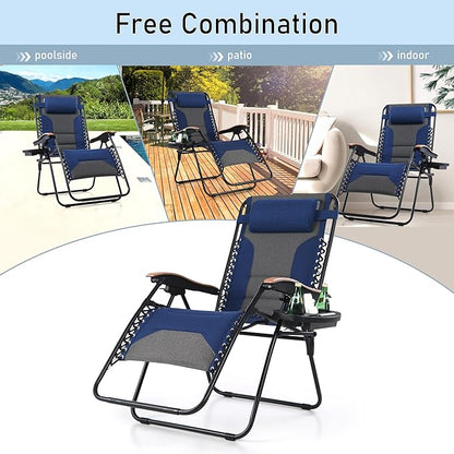 PHI VILLA XXL Oversized Padded Zero Gravity Chair Set of 2, Foldable Patio Recliner, 30" Wide Seat Anti Gravity Lounger with Armrest and Cup Holder, Support 400 LBS (Thumb Blue)