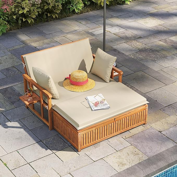 LDAILY Moccha Acacia Wood Outdoor Daybed - Wooden Loveseat Sofa with 4-Level Backrest, Storage Ottoman, Cushions - Photo 2