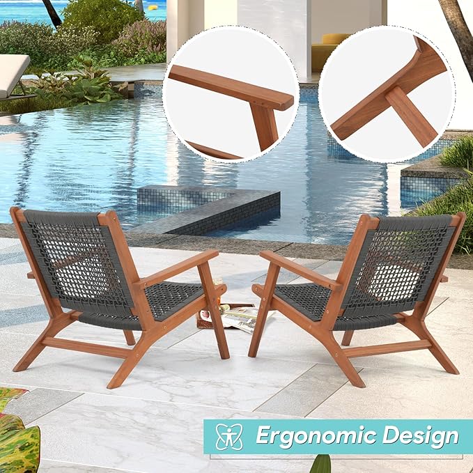 Verano Garden Modern Acacia Wood Lounge Chair Set of 2, Accent Armchair with Handwoven Rope for Living Room, Bedroom - Photo 5