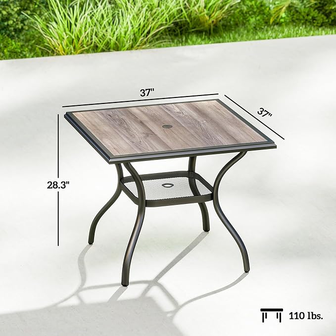 Outsunny Outdoor Dining Table for 4 People, 37" Square Patio Table with Umbrella Hole, Storage Shelf and Faux Wood Top, Metal Frame Outdoor Furniture for Garden, Backyard, Deck, Gray