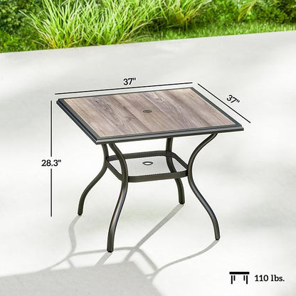 Outsunny Outdoor Dining Table for 4 People, 37" Square Patio Table with Umbrella Hole, Storage Shelf and Faux Wood Top, Metal Frame Outdoor Furniture for Garden, Backyard, Deck, Gray