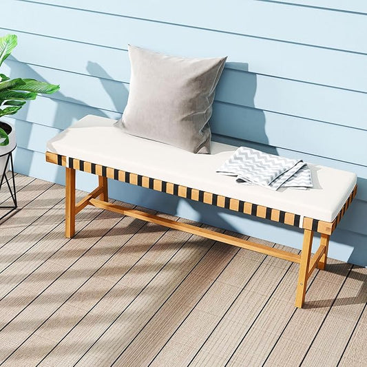 Tangkula Acacia Wood Outdoor Bench with Padded Cushion, 48" Long Dining Bench with Washable Zippered Cover, Backless Wooden Entryway Bench, Garden Poolside Porch Balcony Deck Indoor Furniture (1)
