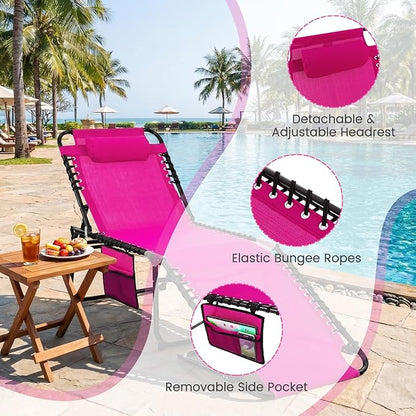 GYMAX Lounge Chairs for Outside, Extra High Folding Beach Tanning Lounger with 4-Level Adjustable Backrest, 2-Level Footrest & Removable Pillow, Sunbathing Lounge for Patio, Lawn, Poolside (1, Pink)