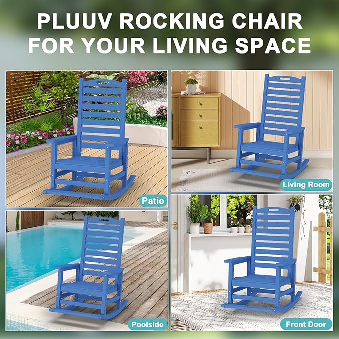 PLUUV Outdoor Rocking Chair with Removable Footboard for Adults, HDPE High Back Patio Rocking Chairs, 330lbs All Weather Porch Rocking Chairs for Outdoor & Indoor -Navy Blue