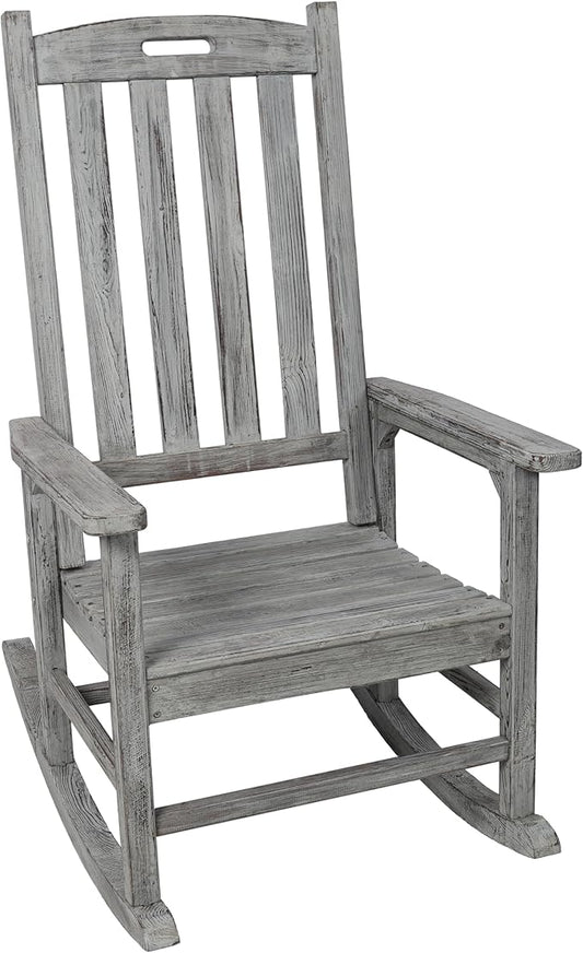 Oversized Wooden Rocking Chair for Porch & Patio 330lbs Capacity Wood Rocker with Wide Seat High Backrest & Armrests Outdoor Indoor Chair for Garden, Balcony, Living Room, Grey
