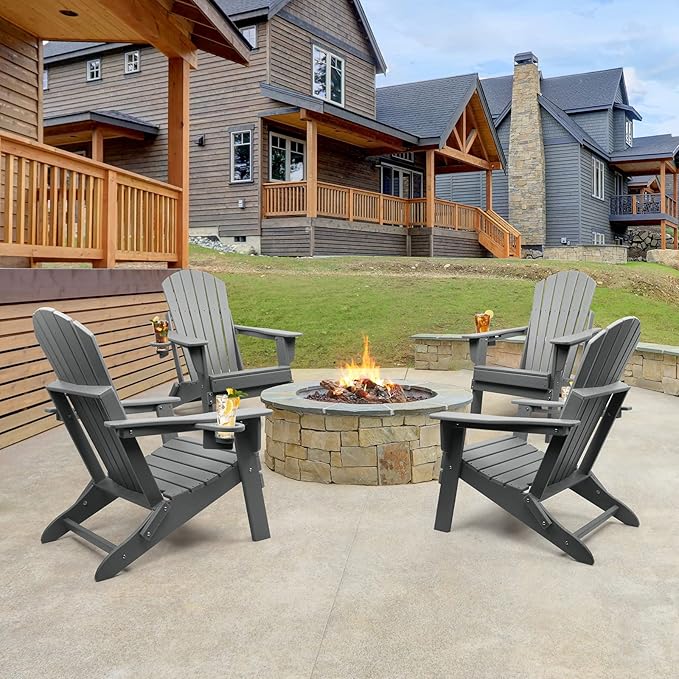 FUNBERRY Folding Adirondack Chair Set of 4, All Weather HDPE Fire Pit Chairs with Cup Holder for Outdoor - Photo 6