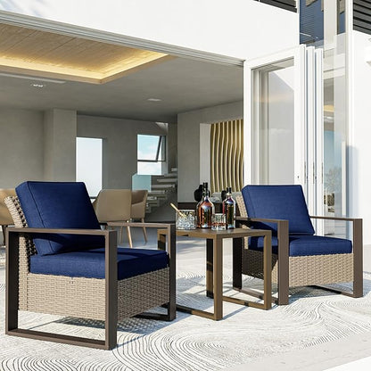 3 Piece Patio Chair Set, Outdoor Wicker Chair and Side Table, Metal Patio Furniture with Deep Seating, Thicken Cushions for Deck, Porch, Yard Use (Blue, 3 PCS/Chairs)