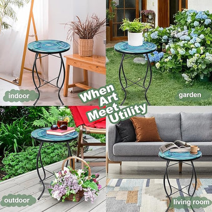 VCUTEKA Patio Side Table Outdoor Accent Table Small Mosaic Table Coffee Table End Tables Porch Indoor Outdoor Round Glass Balcony Bistro Blue Purple Gradient Starry Vortex