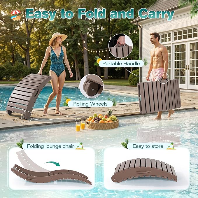 nalone Folding Pool Lounge Chair, HDPE Outdoor Pool Chaise Lounge with Pillow - Photo 5