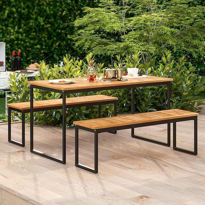 Tangkula Patio Dining Bench, 2-3-person Backless Bench with Slatted Seat & Metal Legs, Indoor Outdoor Bench for Entryway, Front Porch, Garden, Poolside, Farmhouse Kitchen Dining Seat
