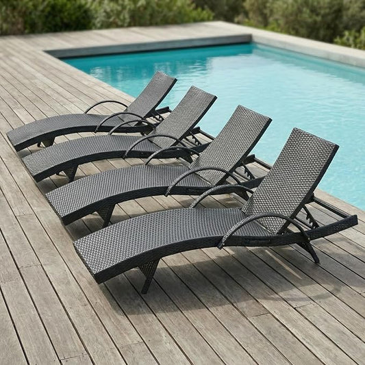80.3" Chaise Lounge Outdoor Set of 4, Wicker Pool Lounge Chairs Outdoor with Pull-Out Side Table, Adjustable Reclining Patio Chairs, Tanning Chair, Sillas de Patio for Backyard/Balcony/Deck (Brown)